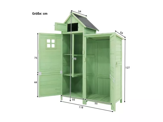 Abri de jardin en bois de sapin - remise à outils avec 2 étagères intégrées - H 173 cm - toit imperméable en PVC - Vert