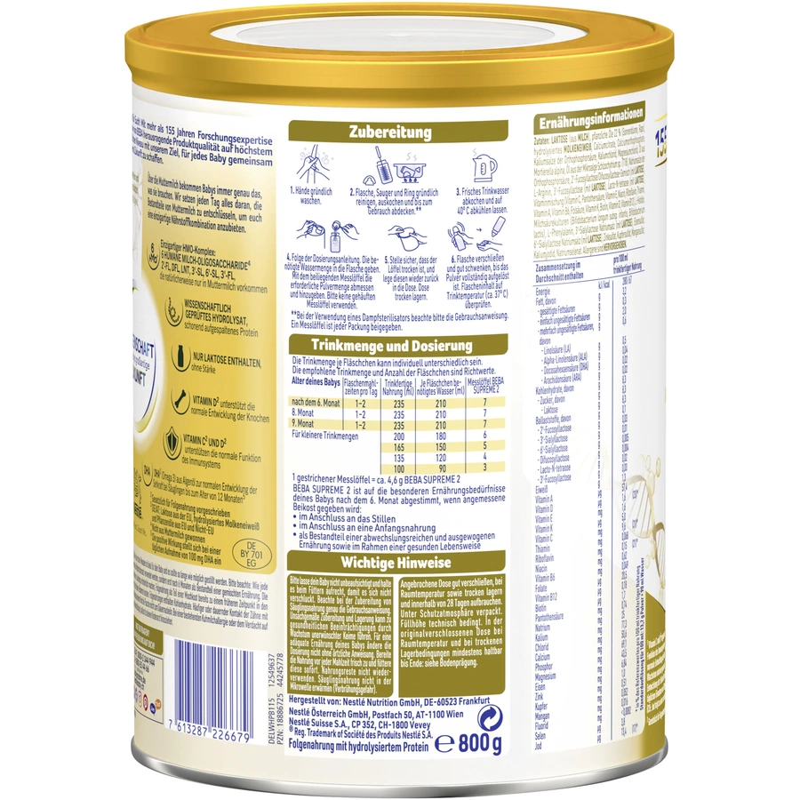Nestlé BEBA SUPREME 2 Folgemilch 6x 800g nach dem 6. Monat