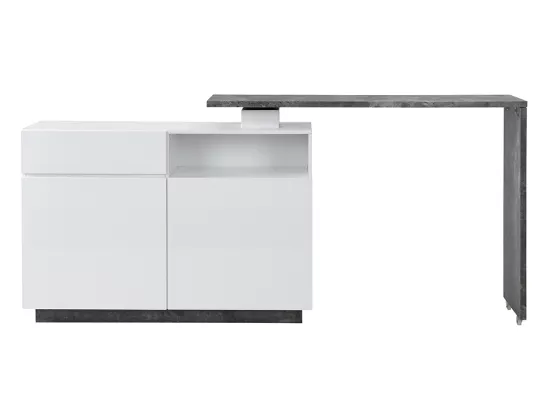 Meuble de bar pivotant avec 2 portes, 1 tiroir et 1 niche en MDF - Blanc laqué et Béton - ELDIR