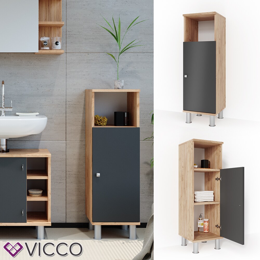 VICCO Badschrank FYNN Eiche Anthrazit Midischrank Badezimmer Regal Badmöbel