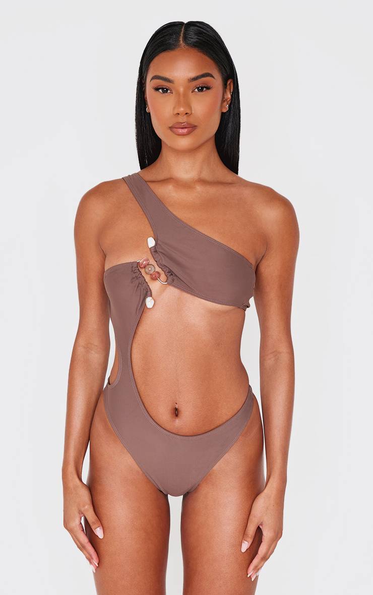 Chocolat Maillot De Bain Échancré Avec Ornements De Pierres