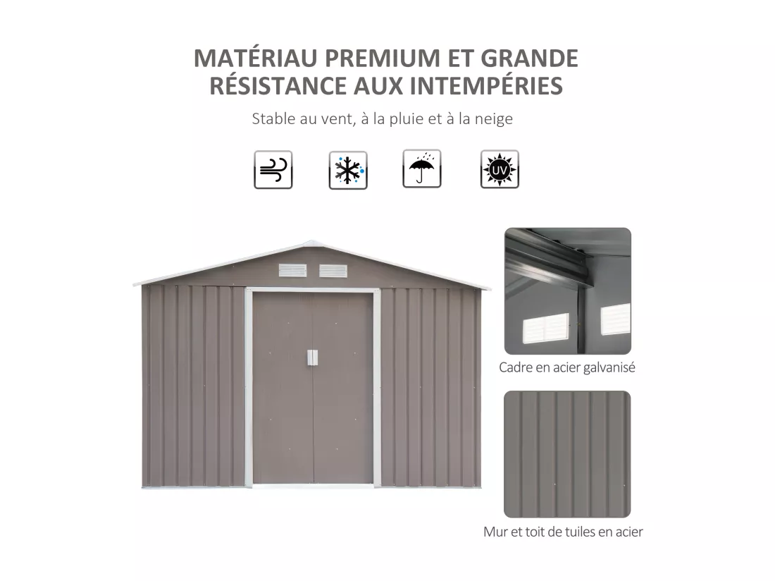 Abri de jardin - remise pour outils - cabanon double porte coulissante - fondation incluse - dim. 277L x 191l x 192H cm - tôle d'acier ondulée grise
