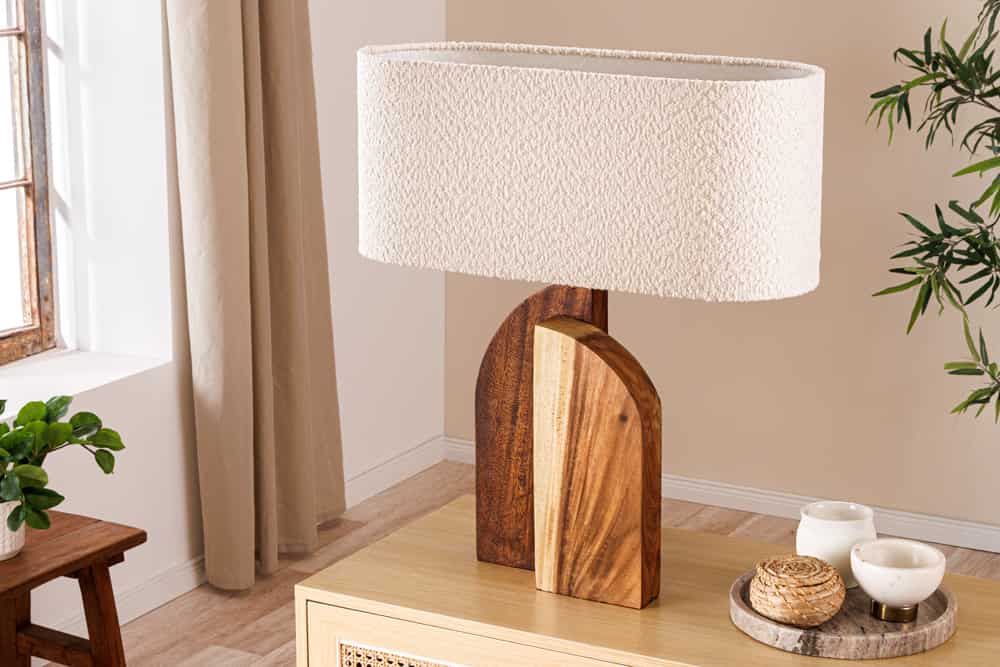Massive Tischlampe LOVERS 60cm natur Regenbaumholz weißer Stoffschirm