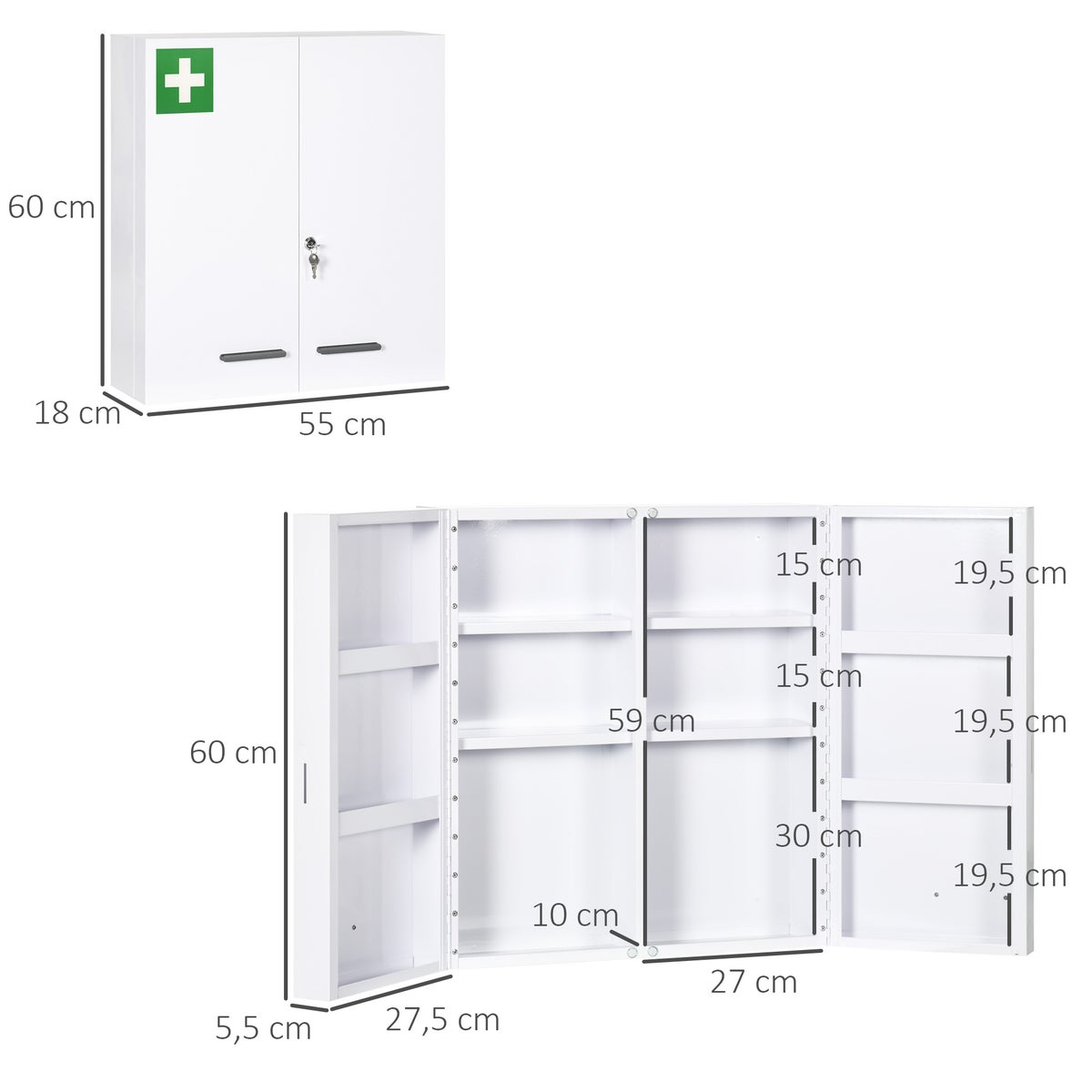 Kleankin Medicijnkastje, 2-deurs medicijnkastje met 6 planken, wandgemonteerde apothekerskast, afsluitbaar medicijnkastje, EHBO-kast, staal, wit, 55 x 18 x 60 cm
