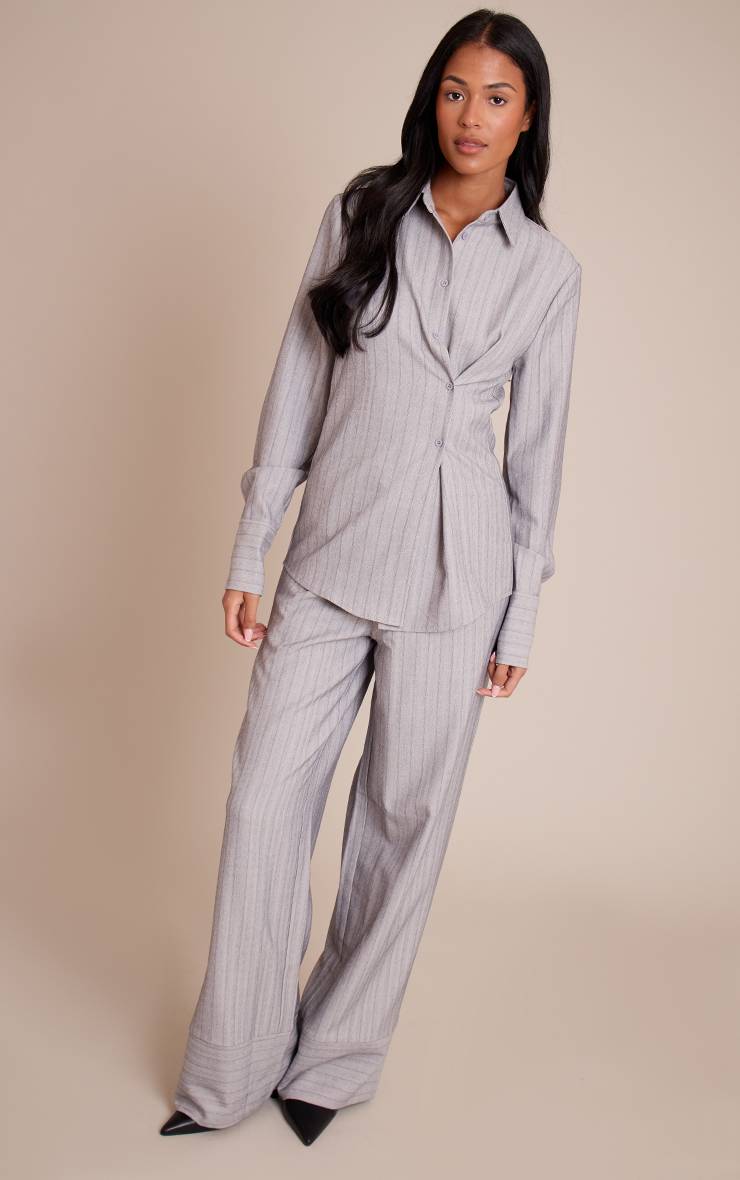 Moss Grey Ensemble Coordonné Chemise Tissée Asymétrique À Rayures Fines Et Boutons Tall
