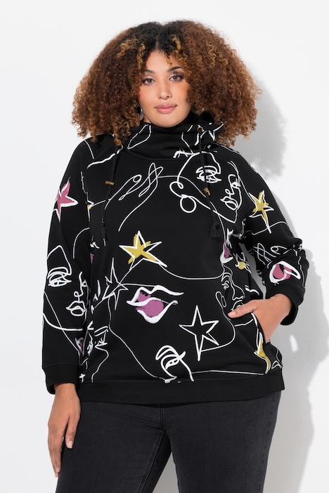 Sweatshirt, Scribble-Herz Muster, Stehkragen, Langarm