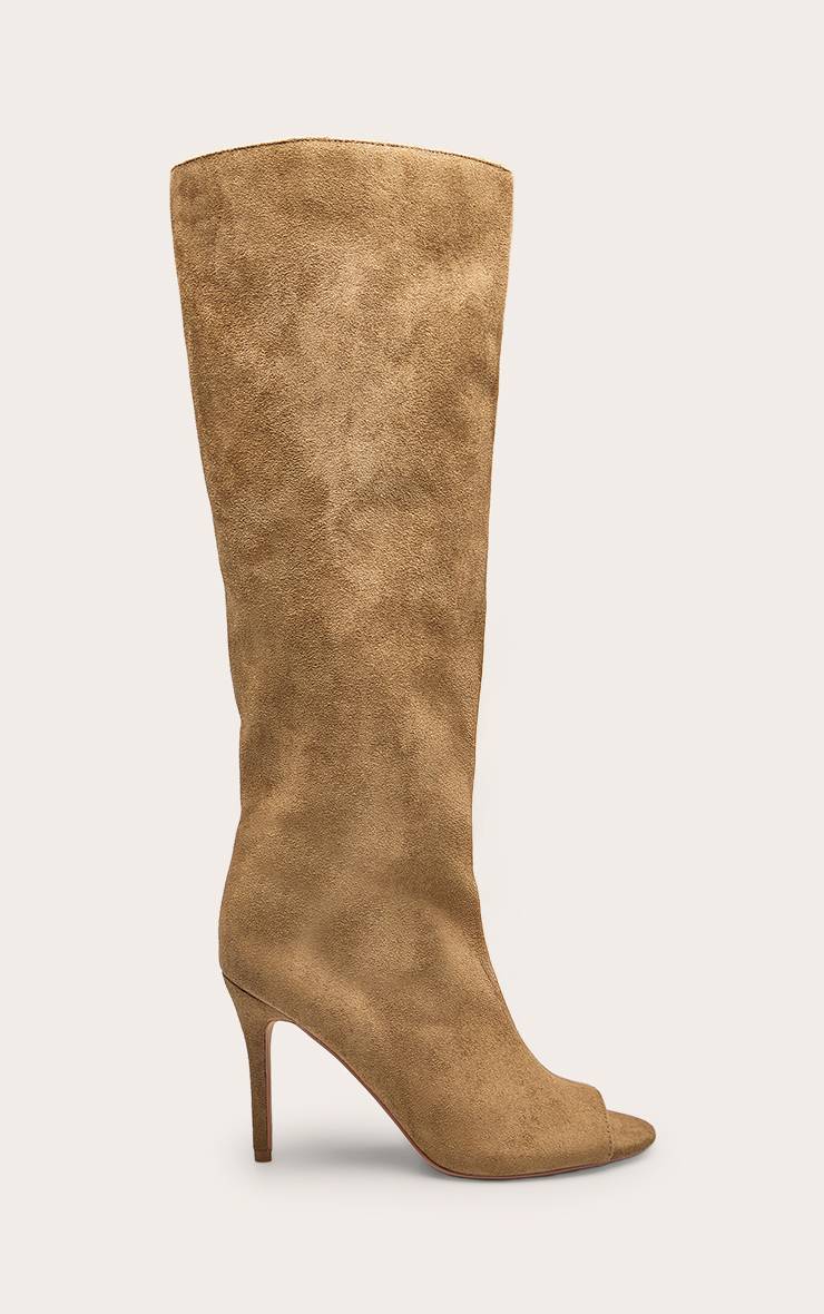 Taupe Bottes Hautes À Talons Aiguilles En Synthétique À Bout Ouvert