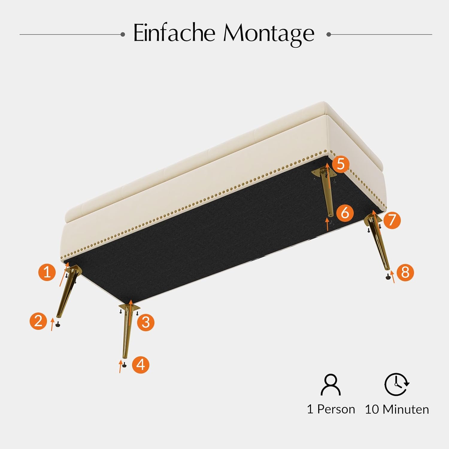 HULALA HOME Sitzbank mit Stauraum, Sitztruhe mit Nailhead-Besatz, Bettbank aus Samt, Bank mit goldenen Metallbeinen für Flur, Eingangsbereich, Wohnzimmer, Schlafzimmer, Tan (Beige)
