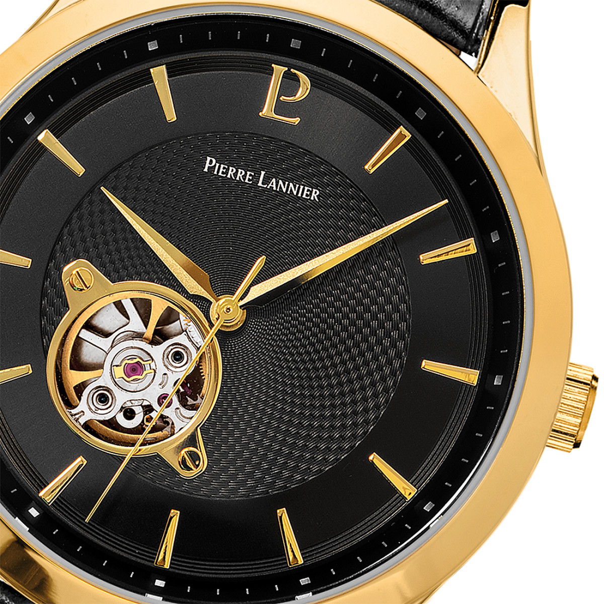 Montre PIERRE LANNIER fleuret homme automatique acier doré jaune bracelet cuir noir