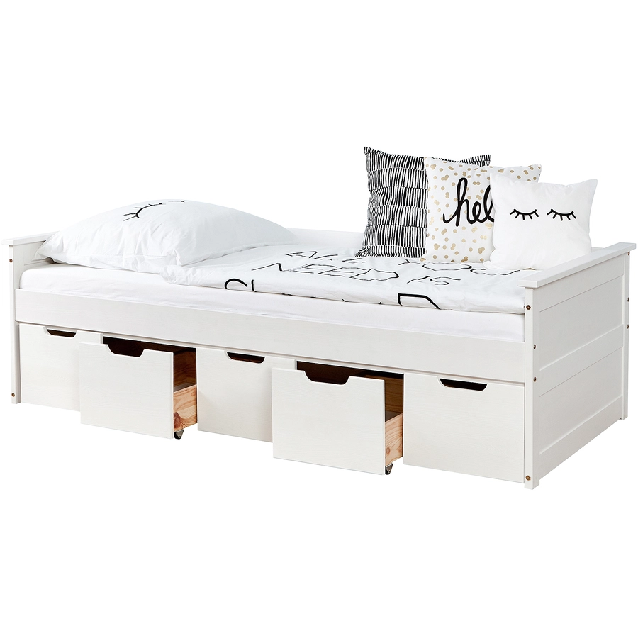 TiCAA Sofabett Theodor 100 x 200 cm Kiefer weiß mit 5 Schubladen