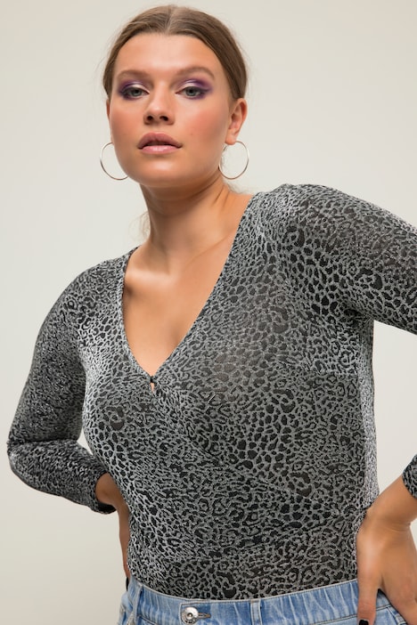 Body, Slim Shape, Leo mit Glitzer, V-Ausschnitt, Langarm