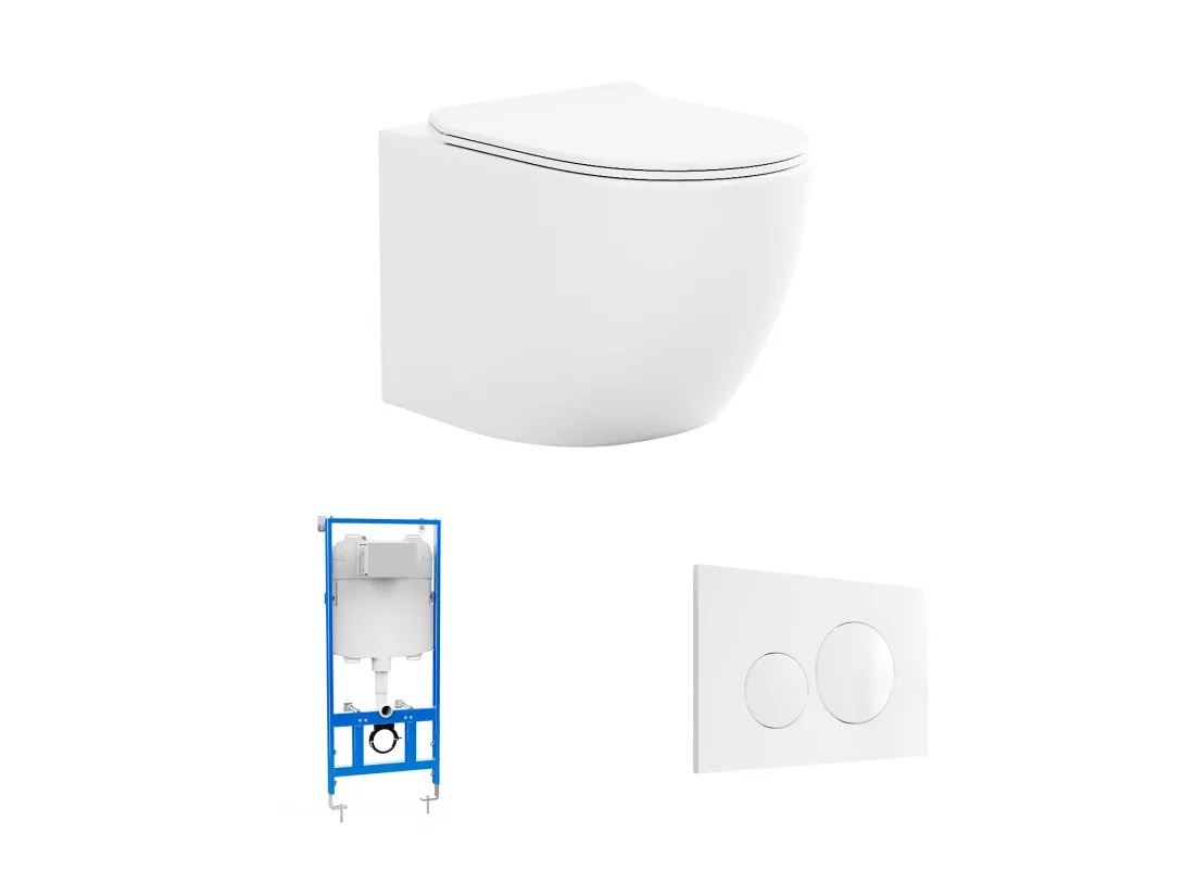 Pack WC suspendu blanc brillant avec bâti-support et plaque de déclenchement - JAVOINE