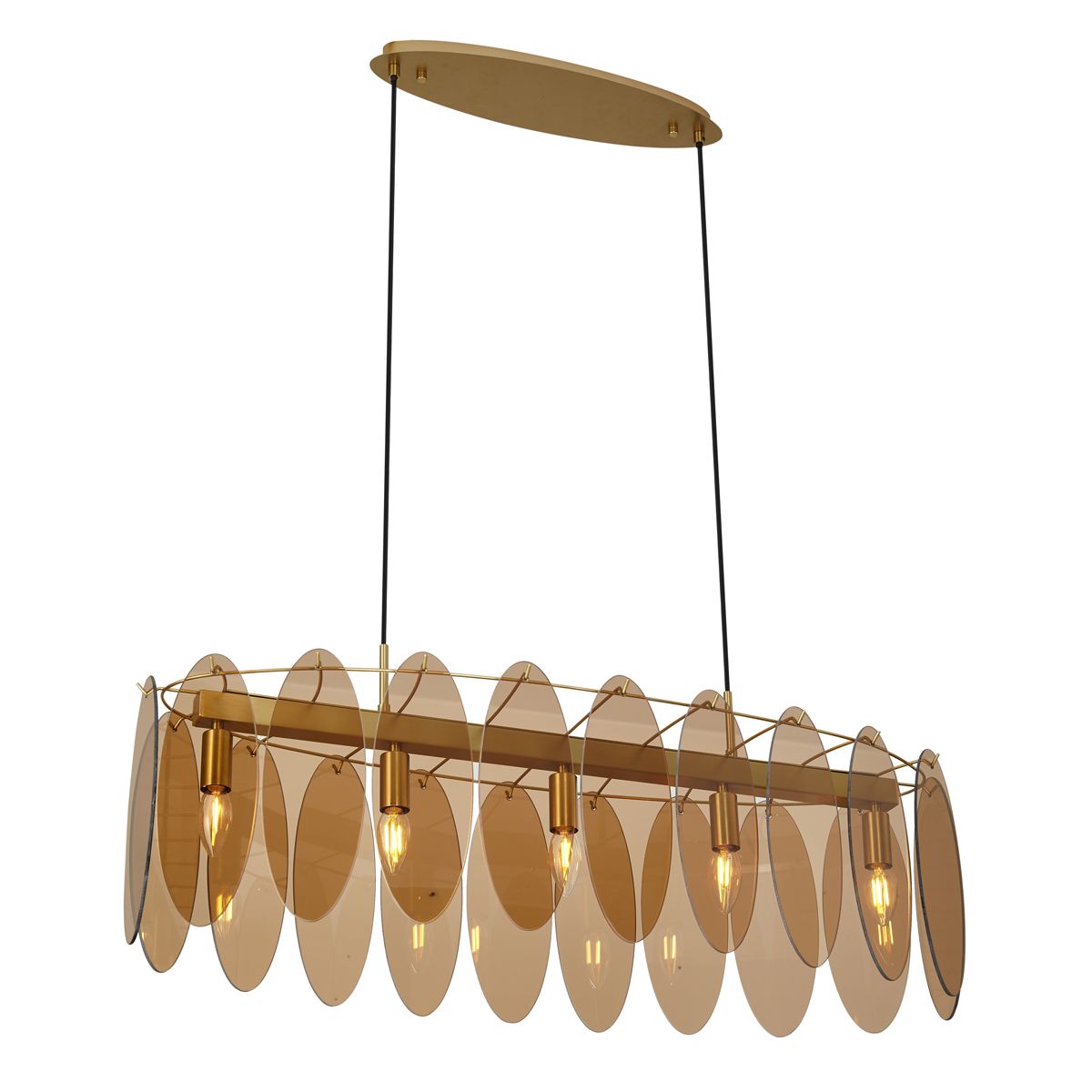 Art Deco hanglamp goud met amber glas ovaal 5-lichts - Mochan