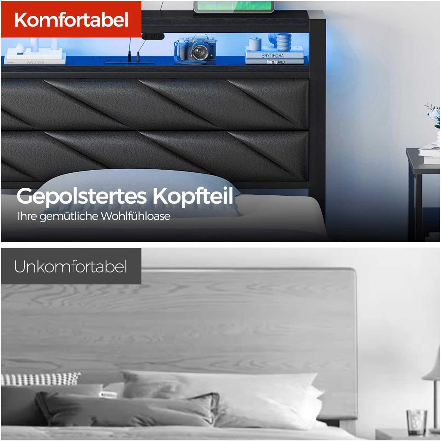 Seventable Bett 90x200 mit LED, Ladestation (2 USB-Anschlüsse & 1 Typ-C-Anschluss), Metallbett mit Gepolstertem Kopfteil & Stauraum, perfekt für Kinderzimmer, Jugendzimmer, Schwarz