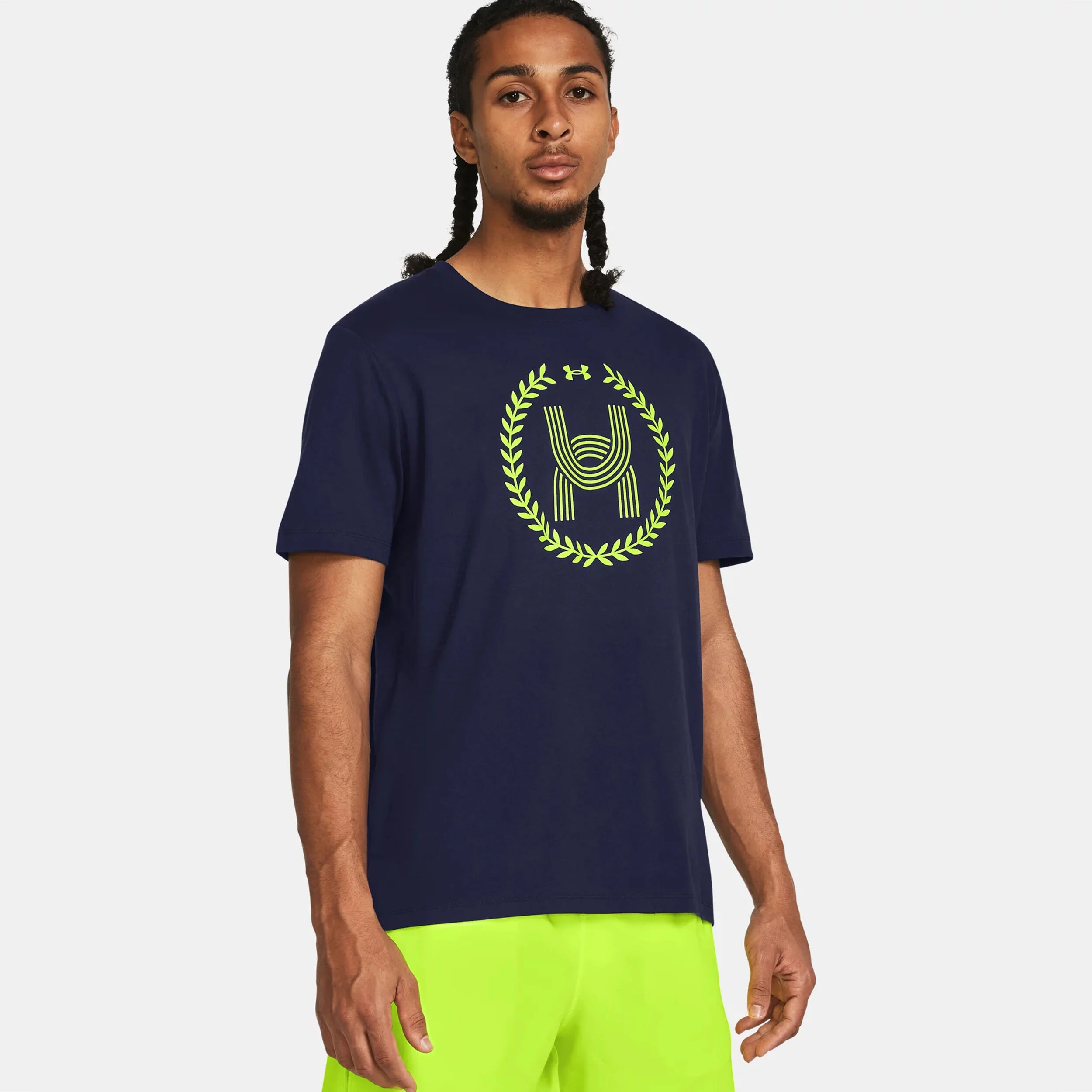 Under Armour Run Everywhere Wreath SS Maillot De Course Hommes - Bleu Foncé , Jaunes Fluo
