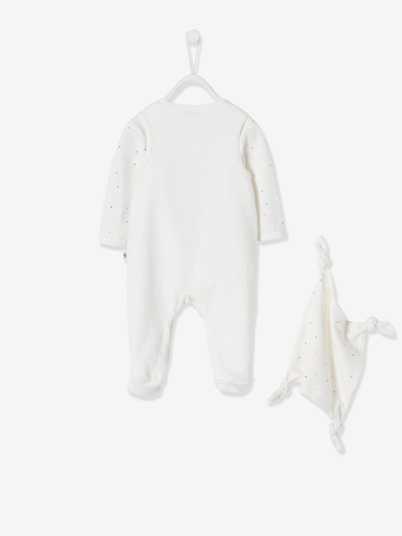 Conjunto para recém-nascido + body + doudou em algodão orgânico branco claro liso com estampas.