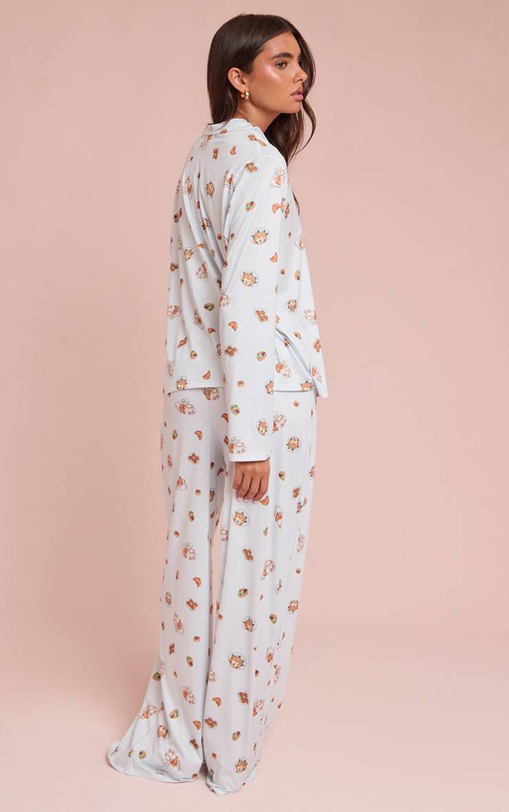Bleu Ensemble De Pyjama Imprimé À Manches Longues Avec Boutonnage