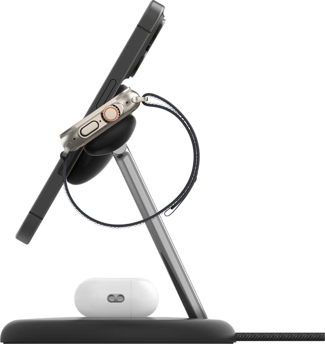 Belkin BoostCharge Pro 3-i-1 Qi2 trådløs opladningsstander (sort)