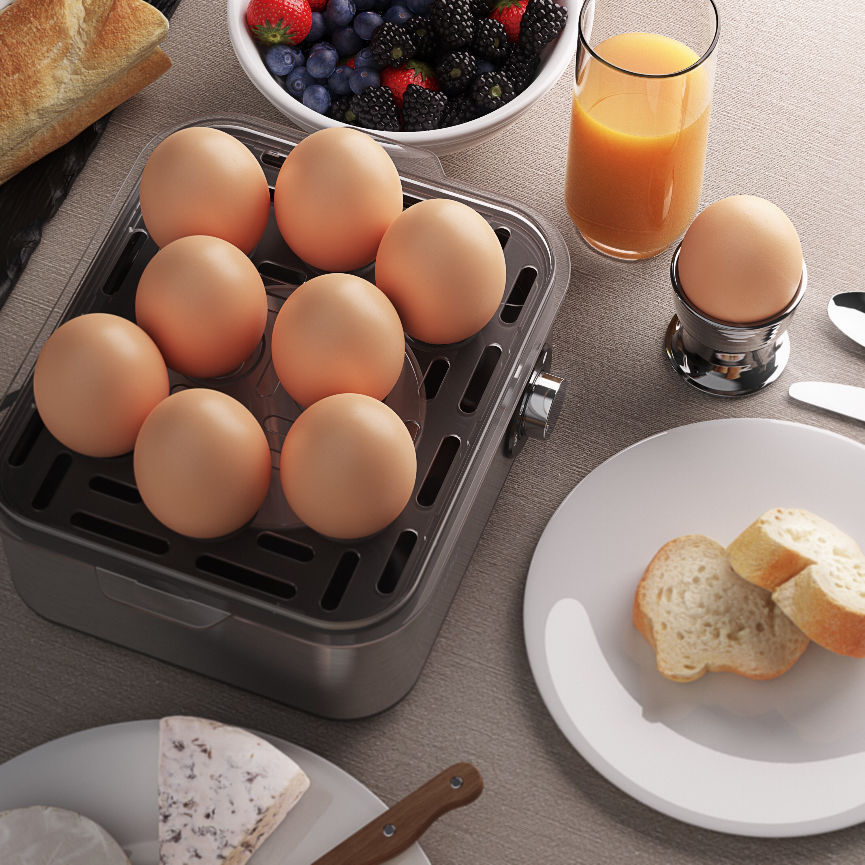 Arendo Frühstücks-Set, 8er Eierkocher EIGHTCOOK, Wasserkocher mit Temperatureinstellung, Silber