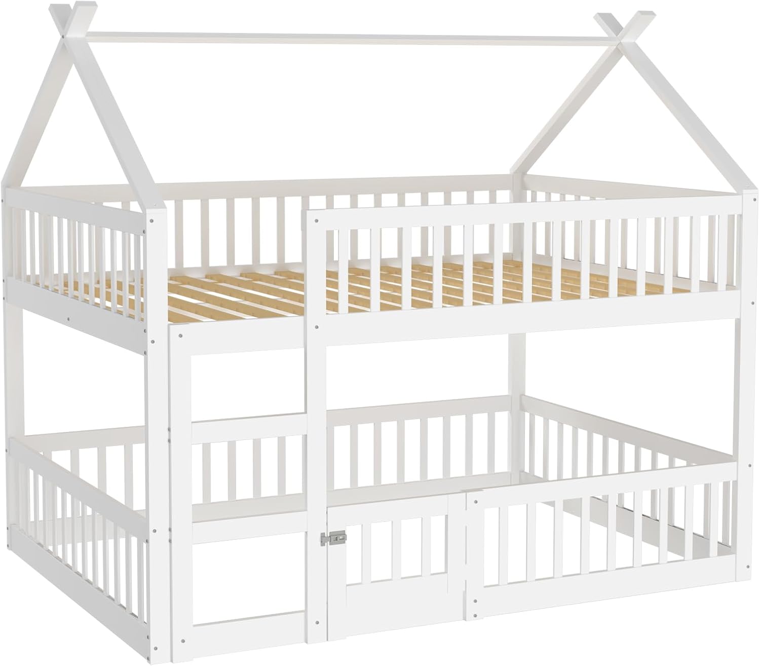 Merax Etagenbett 140 x 200 cm, Multifunktionales Etagenbett Kinderhaus mit Treppen, Vollholzrahmen, Weiß (ohne Matratze)