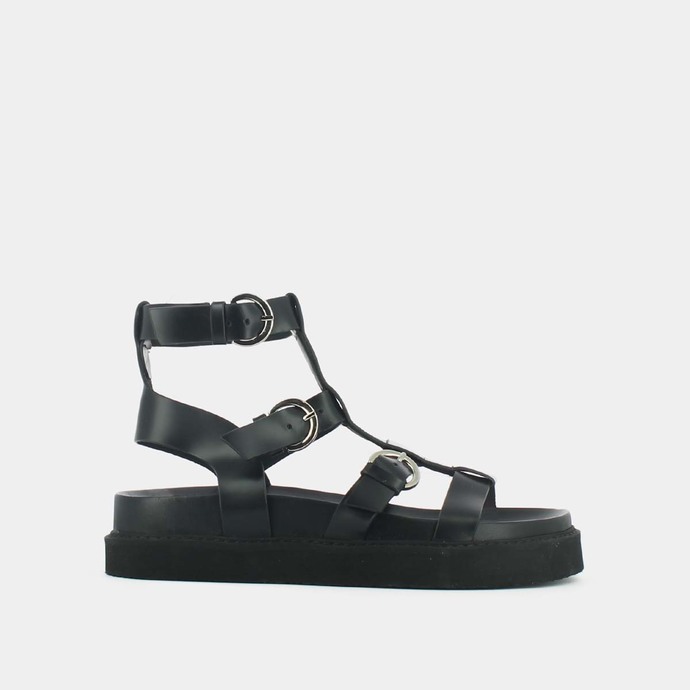 Sandales à brides et semelles épaisses  en cuir glacé noir