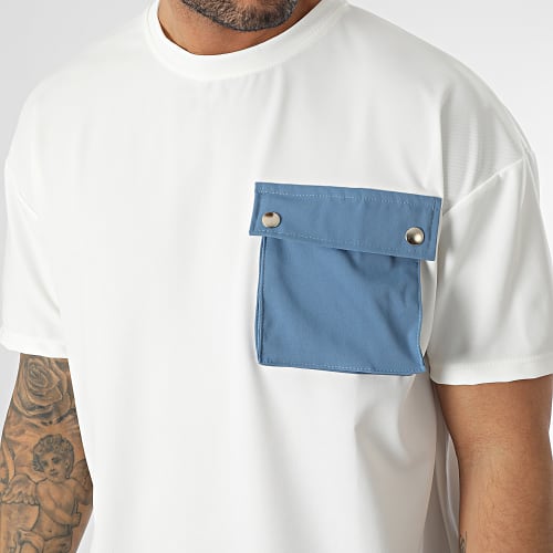 Tee Shirt A Poche Poitrine Beige Clair Bleu Marine