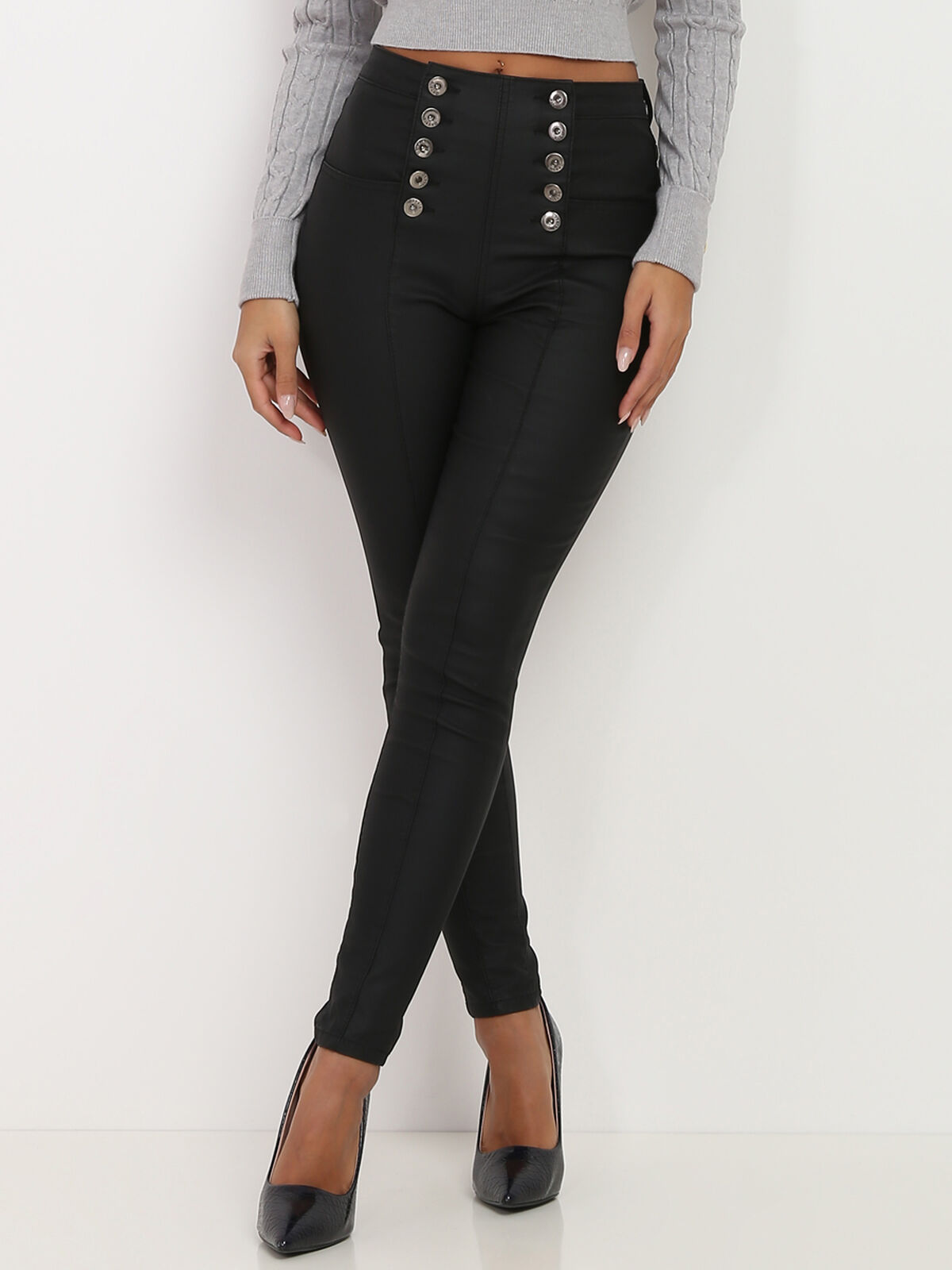 Pantalon skinny en simili à boutons- Noir