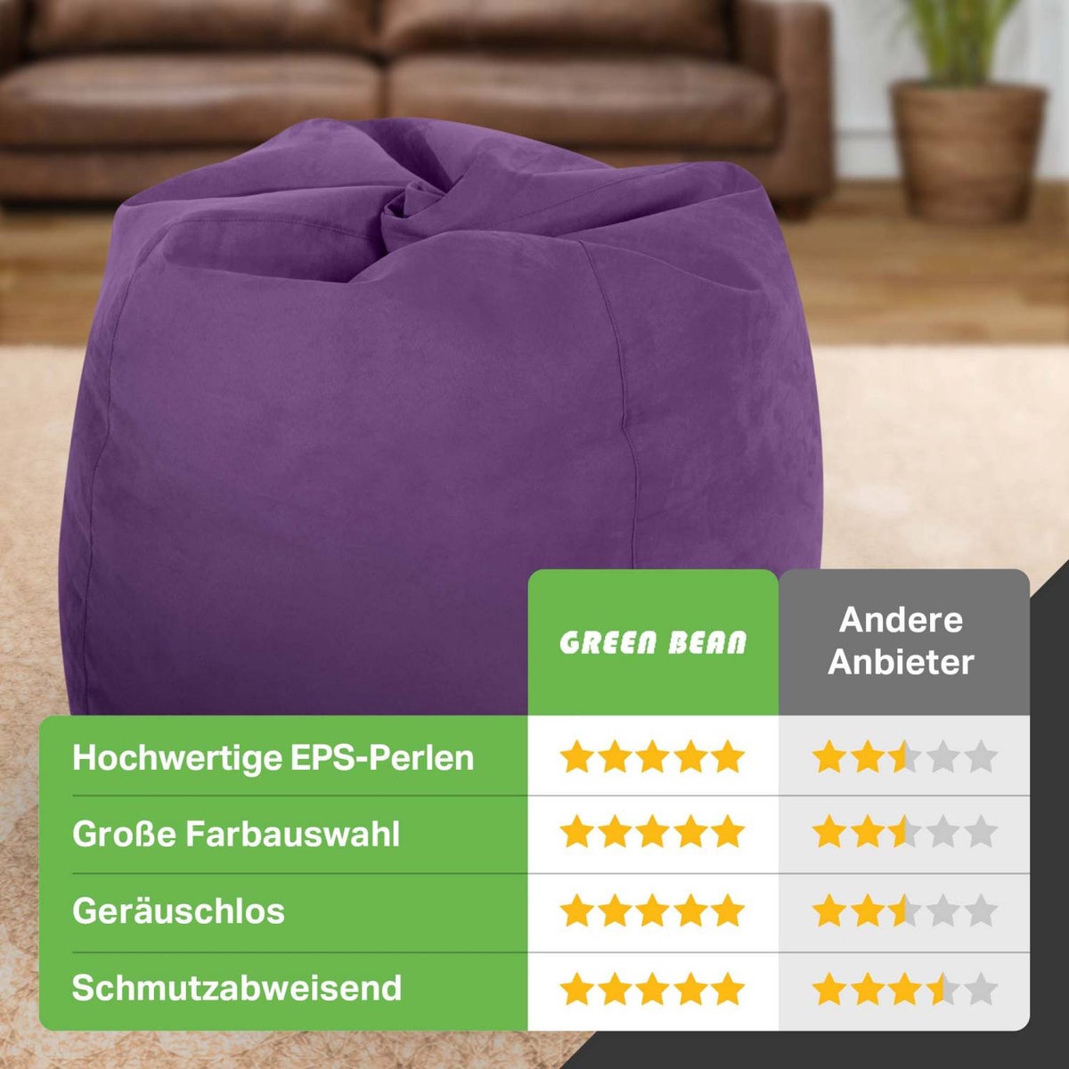 Green Bean zitzak met rugleuning 60x60x90cm - Binnenzitkussen 220L vulling, comfortabel, wasbaar - Zitzak vloerkussen, loungestoel, voetenbank - paars