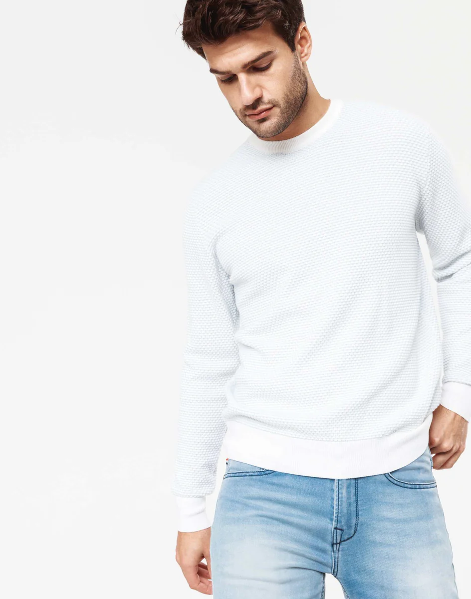 Pull col rond ciel/blanc 