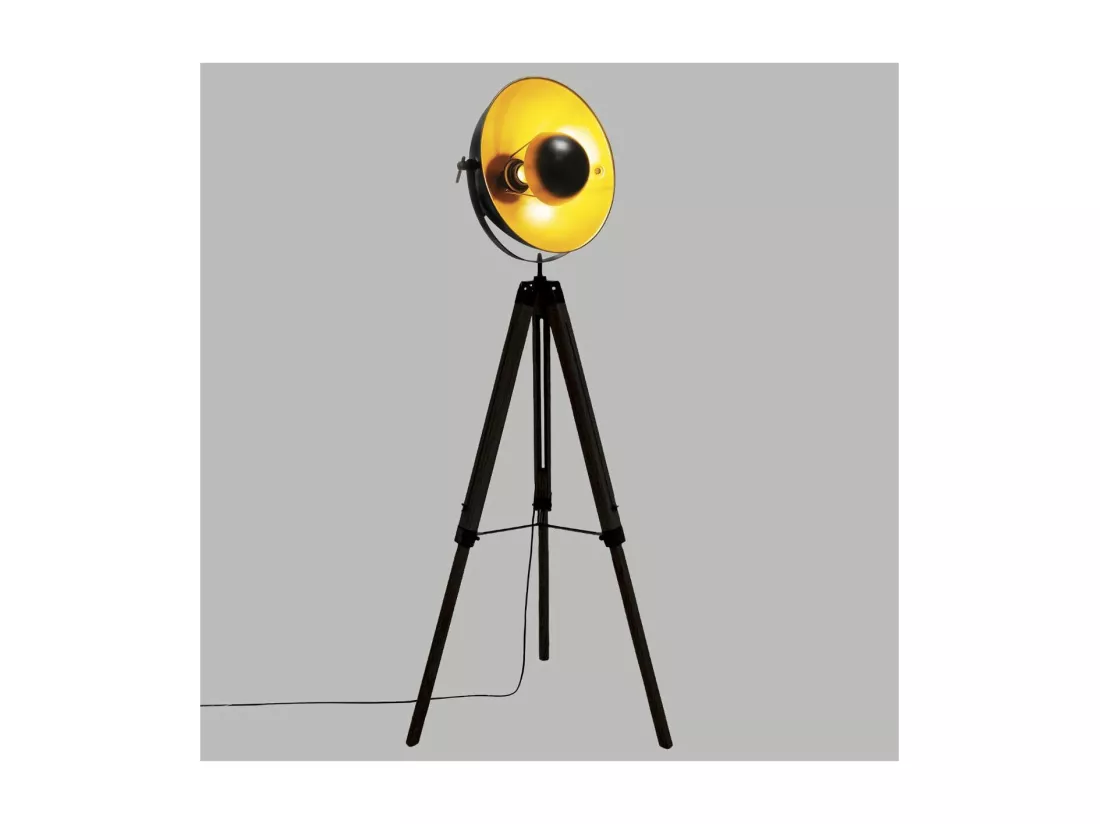 Lampadaire Trépied en Bois et Métal Noir et Doré H 162 cm