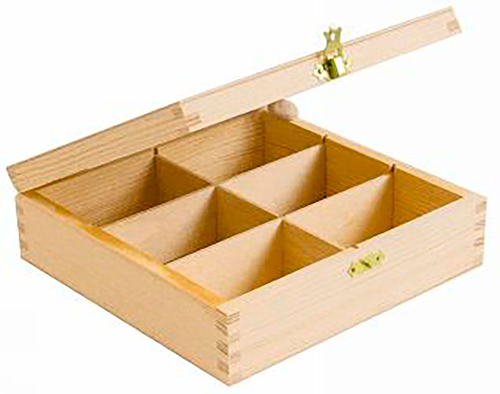 Boite à thé 6 compartiments bois 21x21cm