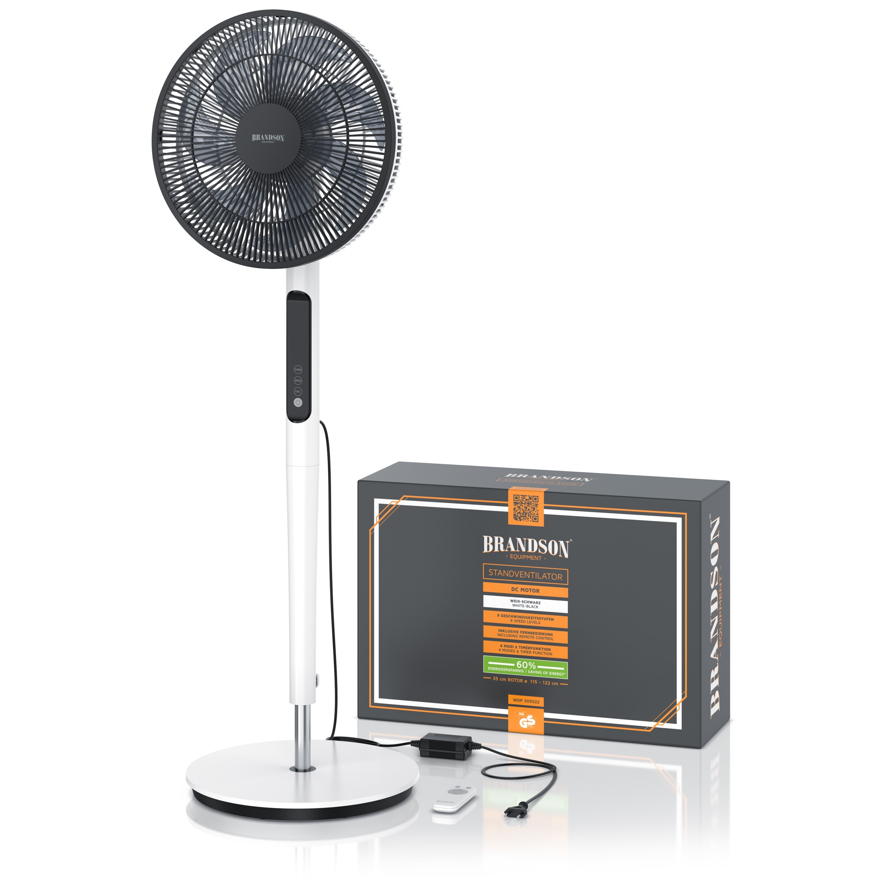 Brandson - DC Standventilator energiesparend ECO - Fernbedieung - Brushless Silent Motor -sehr leise - Oszilation 60° 90° 120° - Ventilator Timer