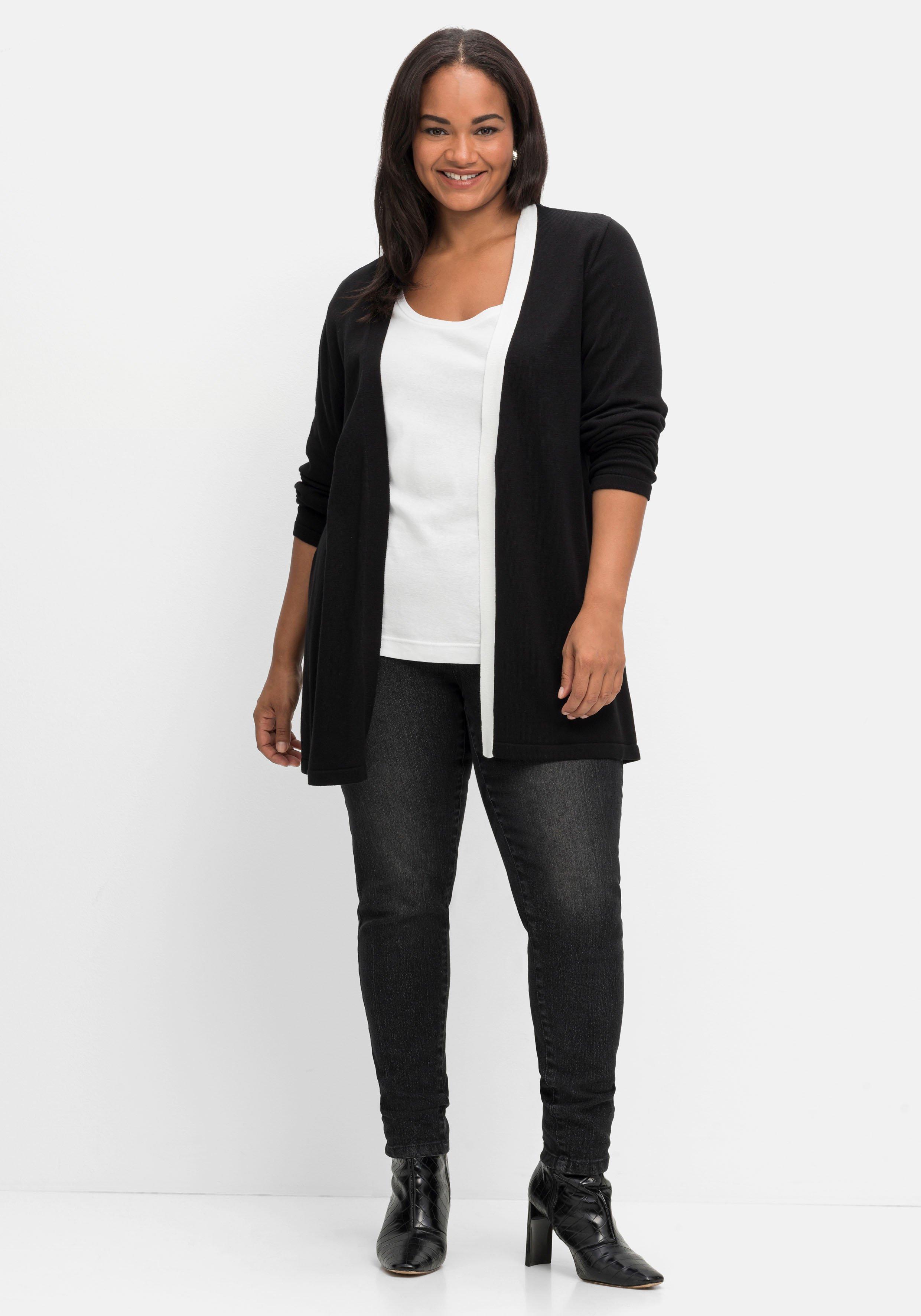 Longstrickjacke mit Kontrastblende, offene Form