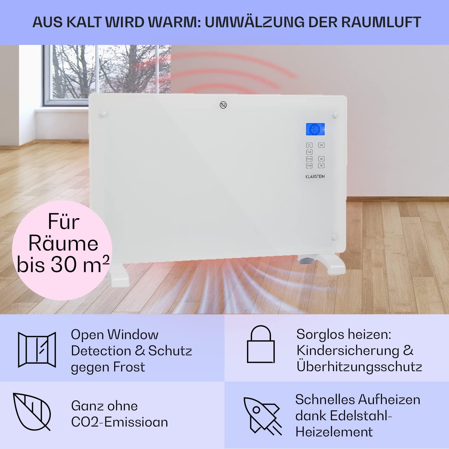 Klarstein Elektroheizung, Konvektor-Heizung mit, Mobile Elektroheizung Energiesparend, Leise Heizung Elektrisch, Standgerät Heizkörper Elektrisch mit Thermostat, 2000 W