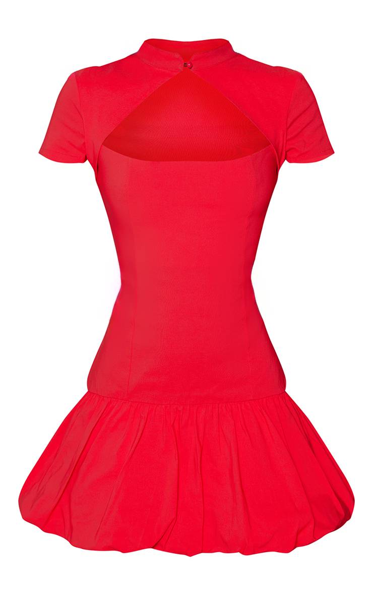 Rouge Robe Mini Ballon À Encolure Goutte D'eau En Tissu Stretch Tissé