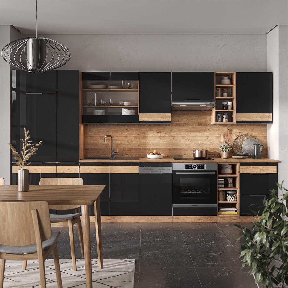 Vicco Küchenzeile Küchenblock Einbauküche Fame-Line Eiche Schwarz 355 cm modern Hochglanz Küchenschränke Küchenmöbel