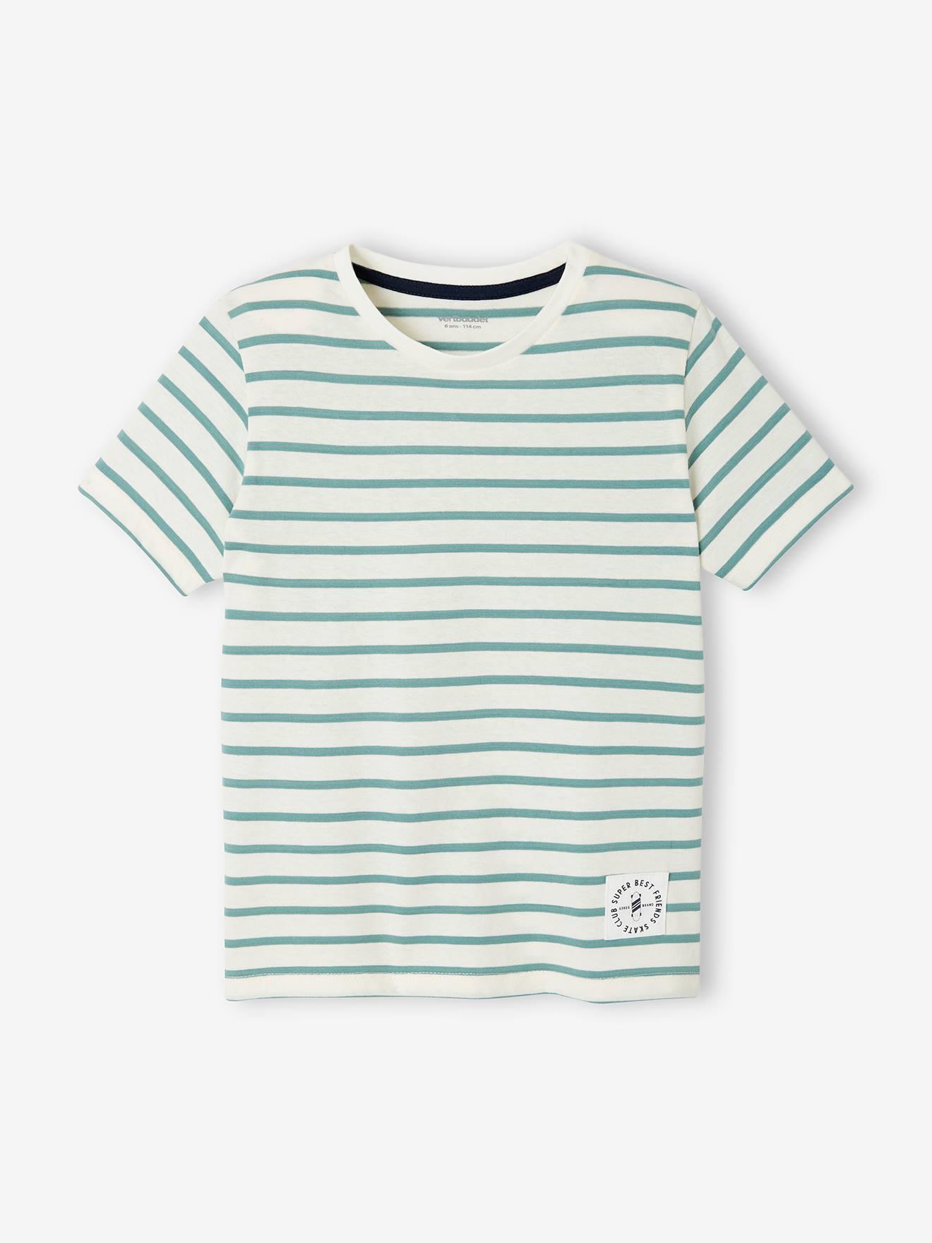 Camiseta de manga curta estilo marinheiro para meninos, verde médio com listras.