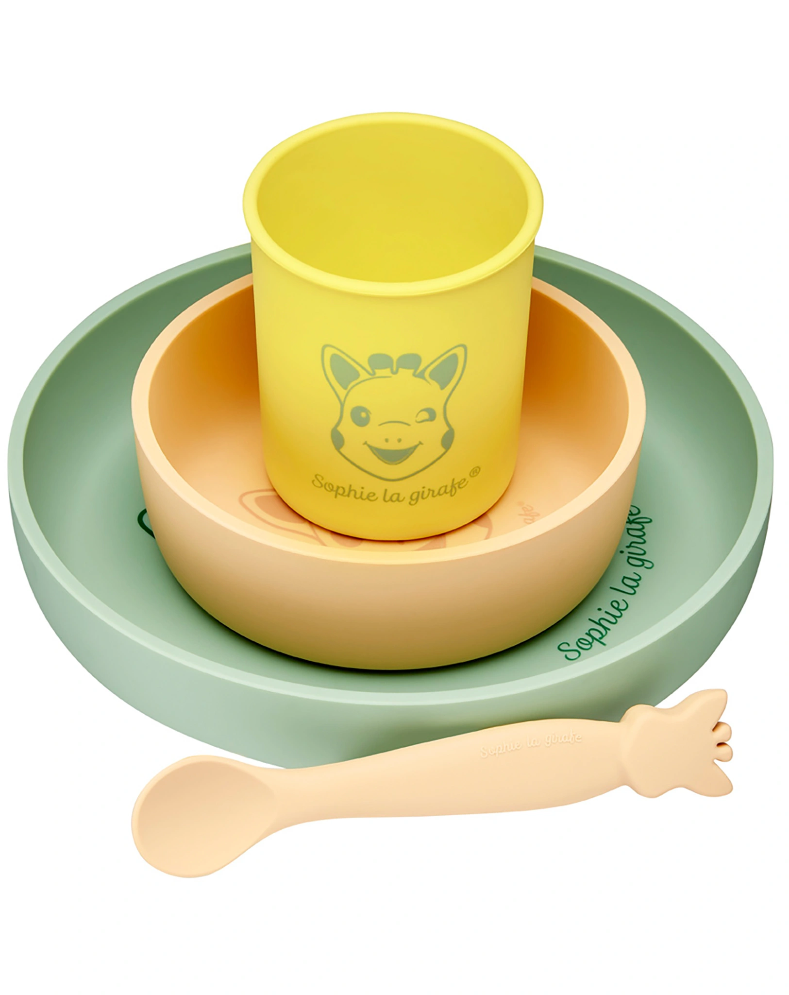 Silikon-Geschirr-Set SOPHIE LA GIRAFE® 4-teilig in gelb/apricot