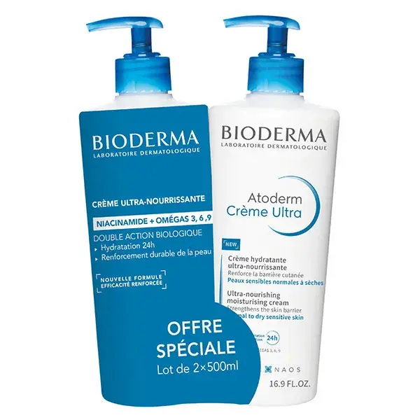 Creme nutritivo Bioderma Atoderm para pele sensível, embalagem com 2 unidades de 500ml