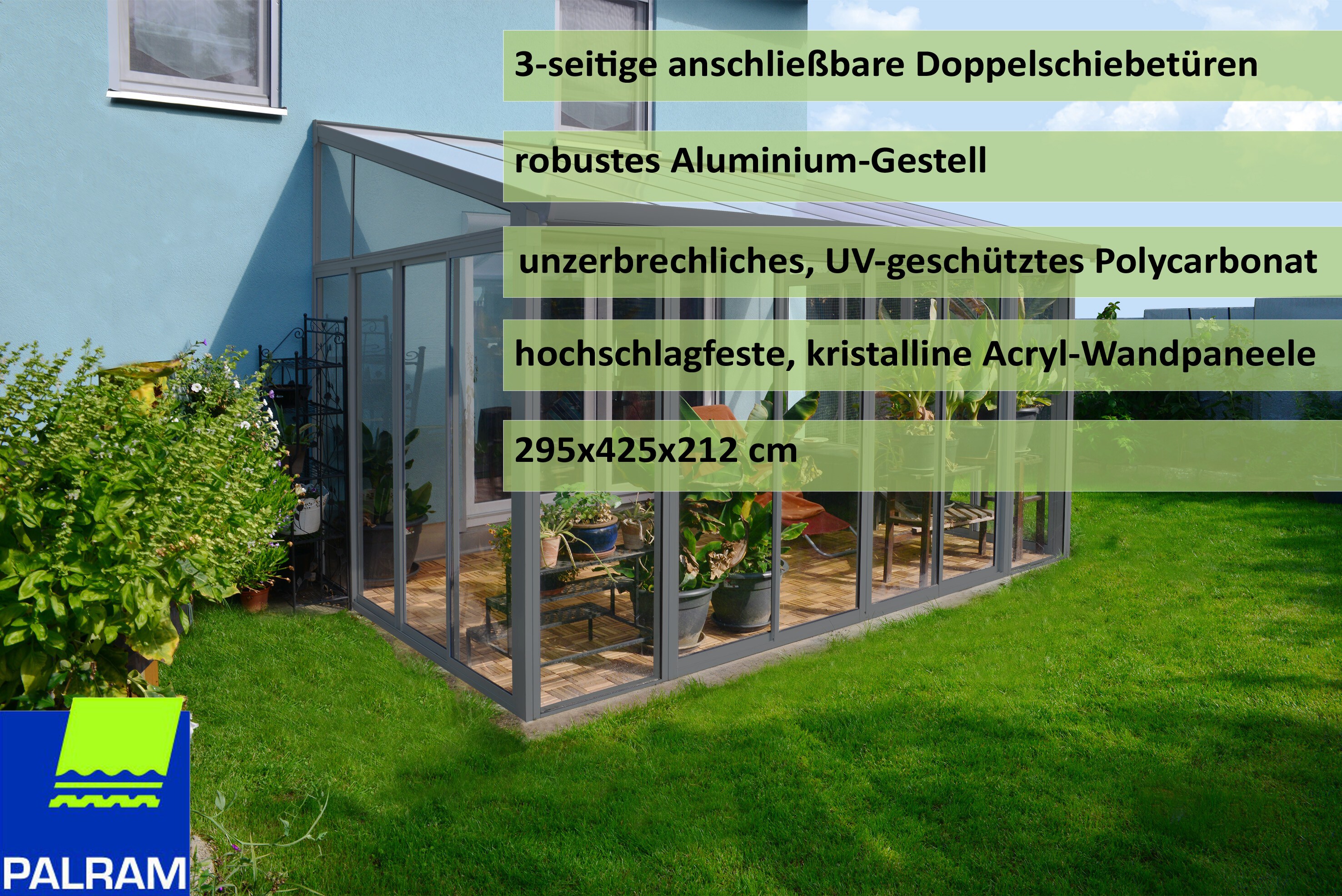 Palram - Canopia | SanRemo 3x4.25 Wintergarten, anthrazit in cm 295x425x212 (LxBxH)