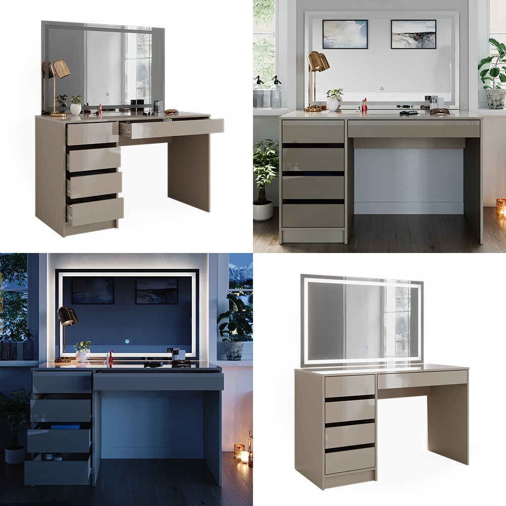Vicco Schminktisch Sherry Greige Hochglanz 120 x 75 cm 5 Schubladen LED-Spiegel