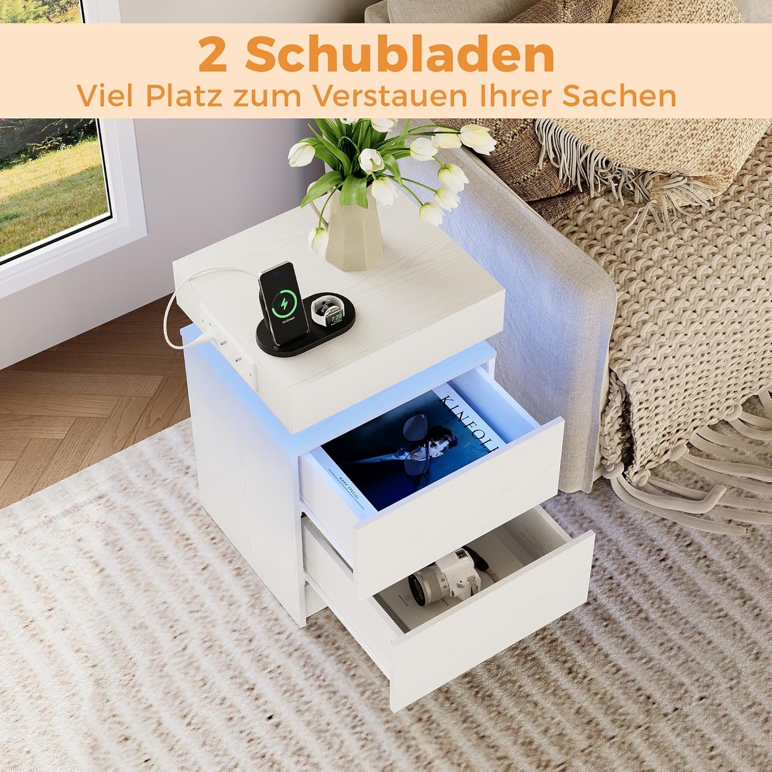 IRONCK Nachttisch 2er Set mit LED-Lichtern & 2 AC-Steckdose, Beistelltisch mit USB+Typ-C Anschlussen, Nachtschrank mit 2 Schubladen, Sofatisch für Schlafzimmer, Wohnzimmer, Weiß