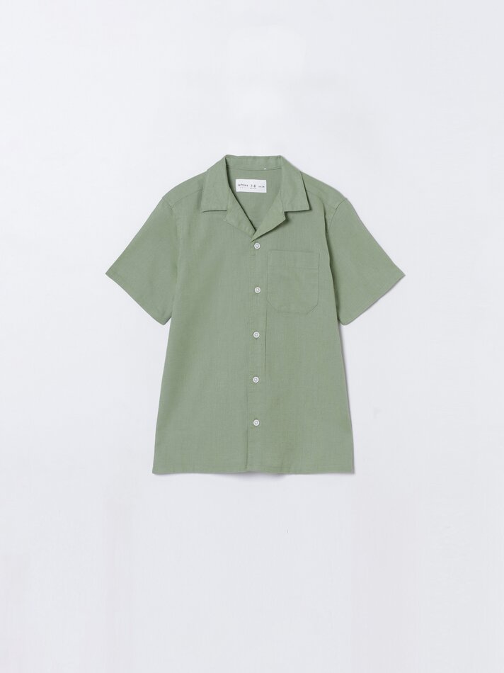 Camisa de manga curta em algodão e linho - Verde Lavado