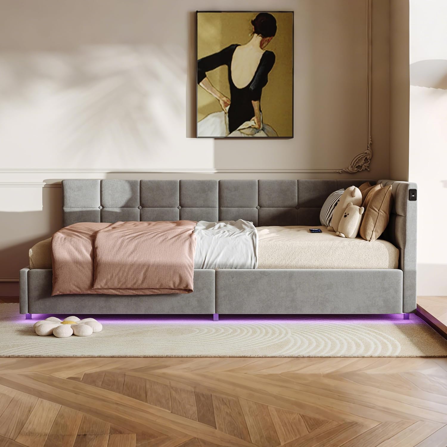 Polsterbett Schlafsofa 90 x 200 cm mit LED und USB, Jugendbett Multifunktionsbett mit Hydraulischer Stauraum und Bettkasten, Schlafsofa Einzelbett Sofa-Bett mit Lattenrost, Daybett Tagesbett (Grau)