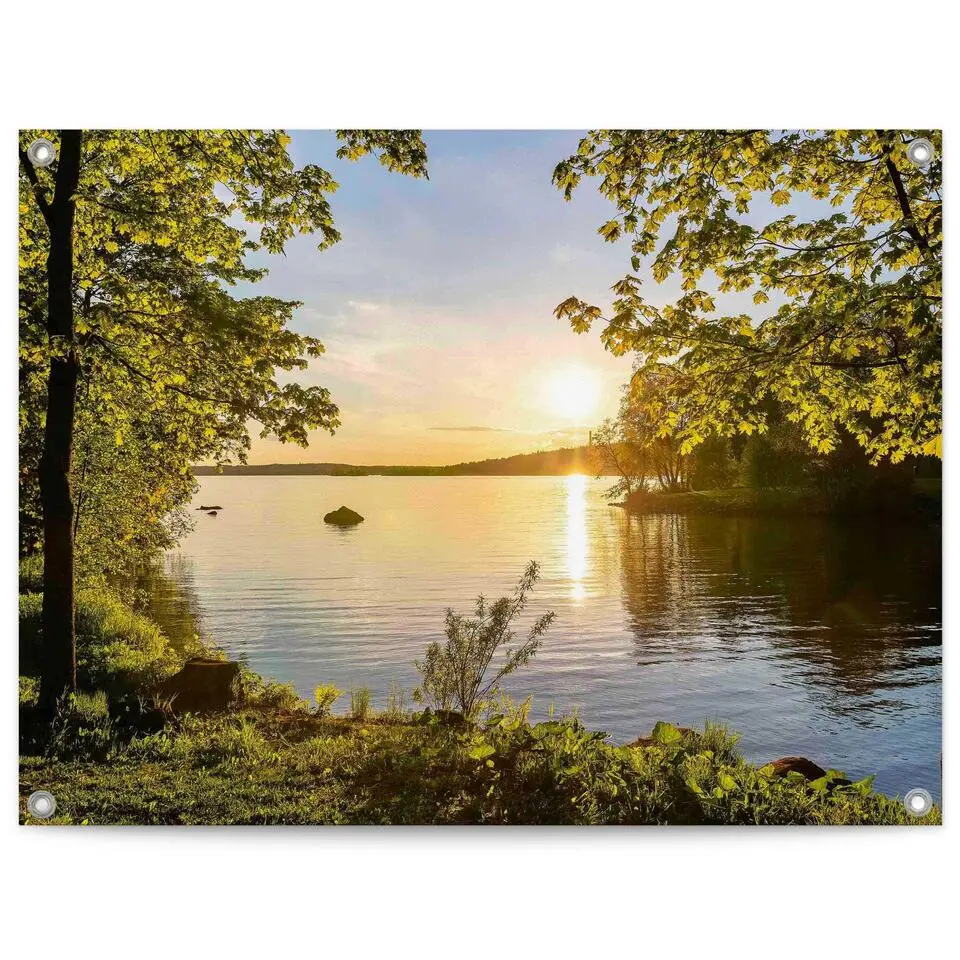 Tuinposter Zonsondergang aan het meer - 60x80cm - Groen