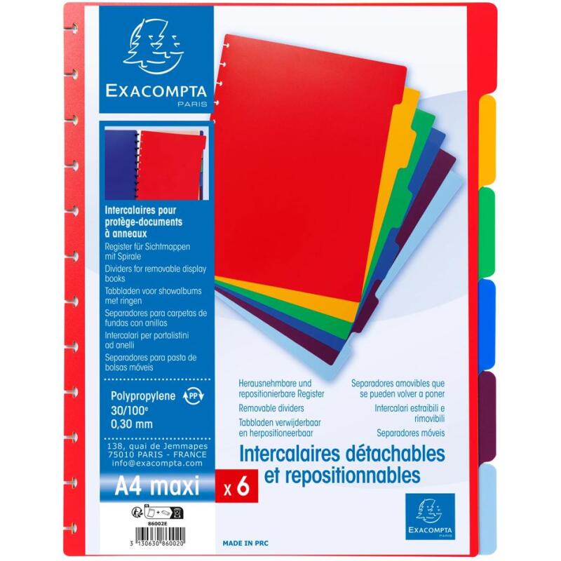 Intercalaires polypropylènes couleurs 6 positions pour porte-vues à anneaux