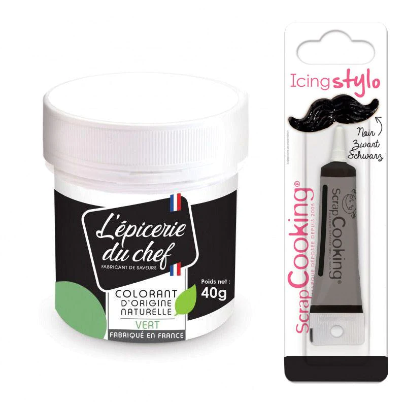 Colorant alimentaire naturel Vert 40 g + Stylo glaçage noir Scrapcooki