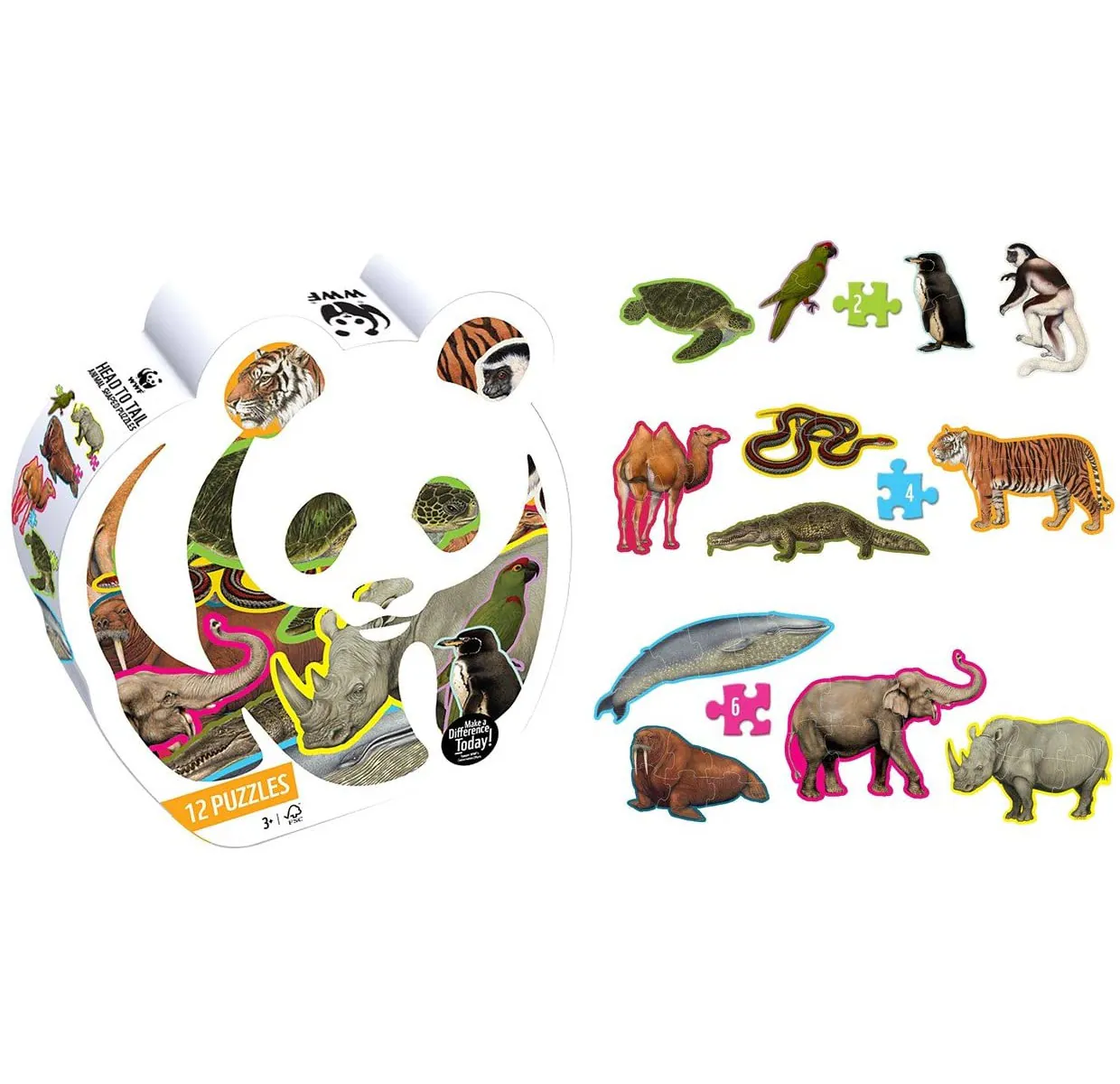 WWF - 12x Tierform Puzzle Set - Puzzel Tierschutz Tiger Elefant Nashorn Pinguin