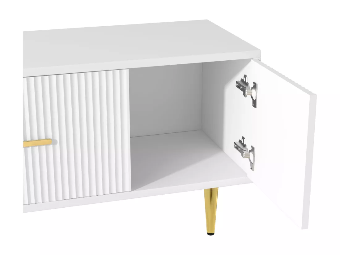 Meuble TV design élégant avec rayures verticales blanc façade poignées dorées avec 2 tiroirs L170 cm DERLA