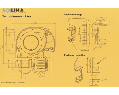 SOLUNA Halfcassette zonnescherm Classic 2,5x1,5, doekdesign 6287, frame E6EV1 zilver geëloxeerd, aandrijving rechts inclusief slinger